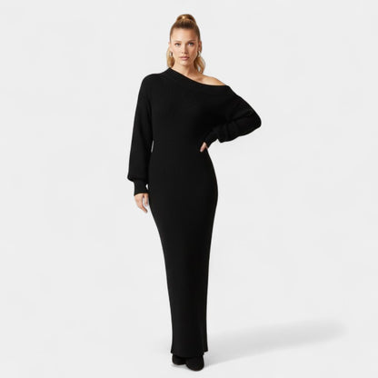 Gleame.-Jurk-Gleame | Dames Gebreide Off Shoulder Jurk met Lange Mouwen