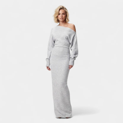 Gleame.-Jurk-Gleame | Dames Gebreide Off Shoulder Jurk met Lange Mouwen