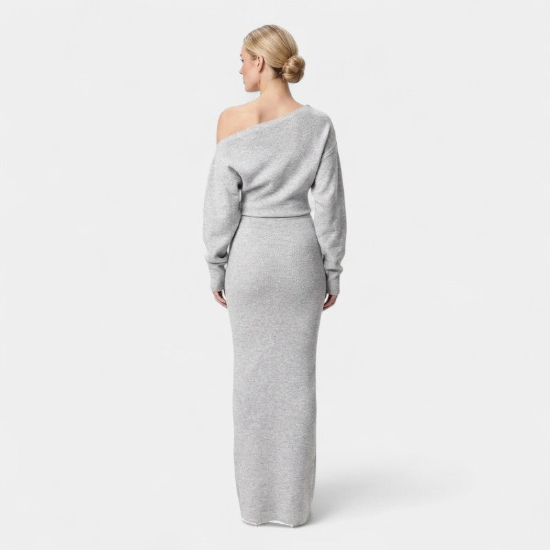 Gleame.-Jurk-Gleame | Dames Gebreide Off Shoulder Jurk met Lange Mouwen