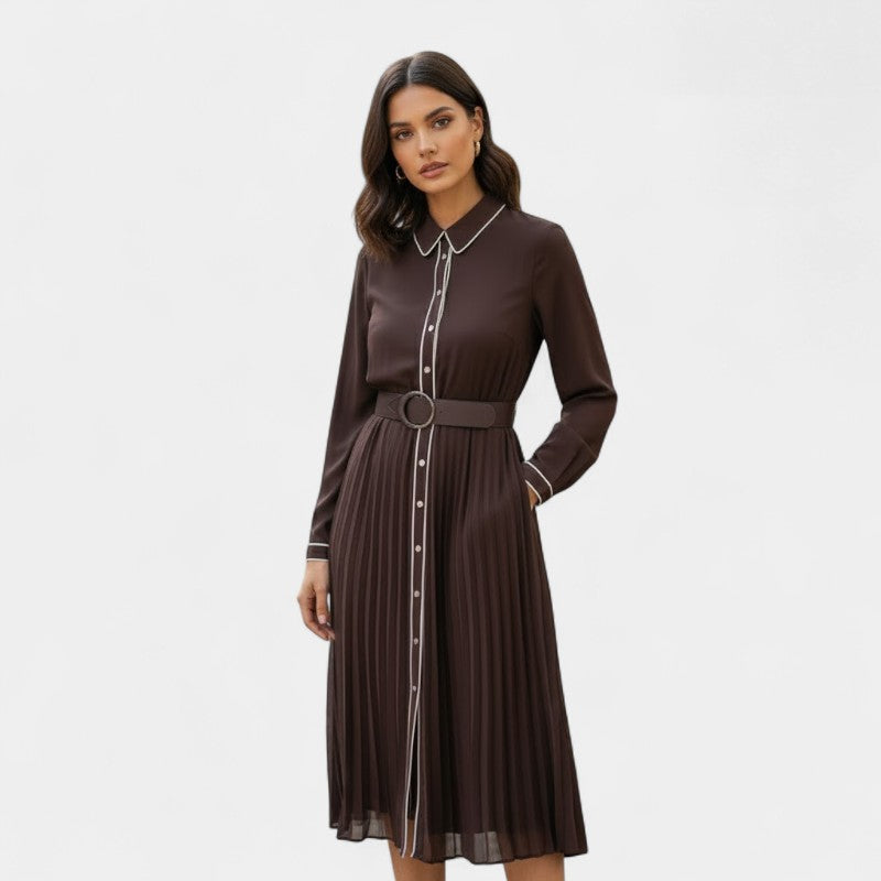 Gleame.-Jurk-Gleame | Dames Midi-jurk Plooirok Overhemdkraag Lange Mouw Bruin