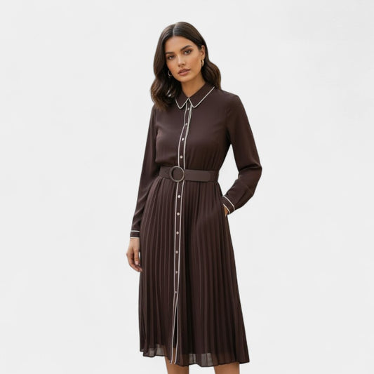 Gleame.-Jurk-Gleame | Dames Midi-jurk Plooirok Overhemdkraag Lange Mouw Bruin