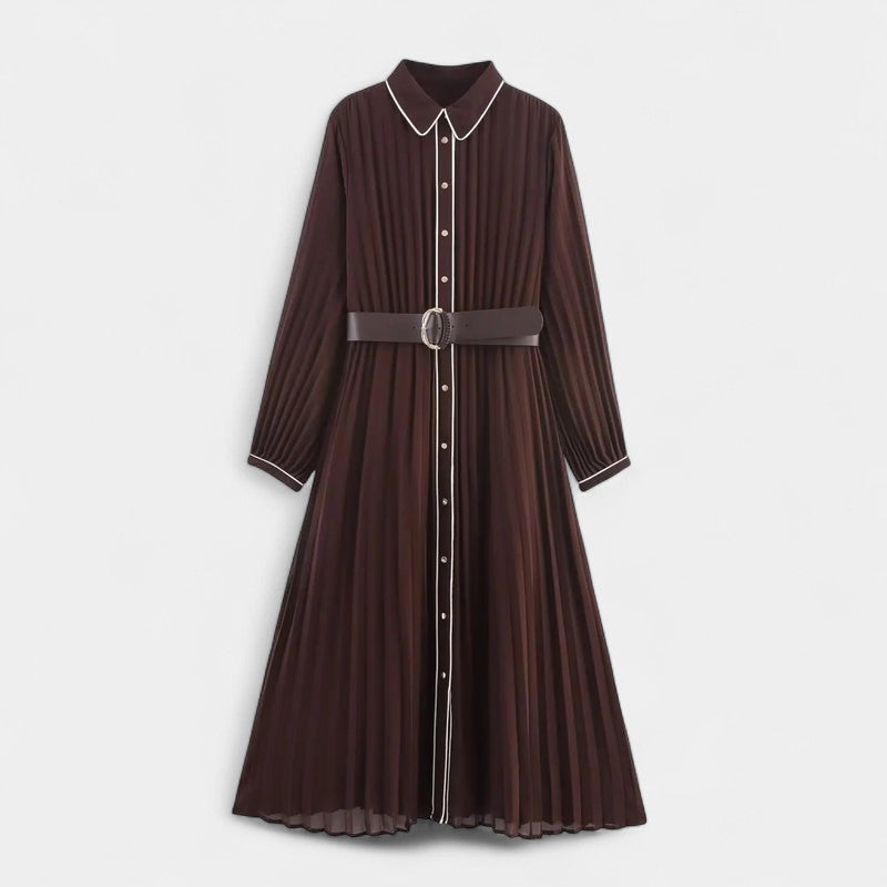 Gleame.-Jurk-Gleame | Dames Midi-jurk Plooirok Overhemdkraag Lange Mouw Bruin