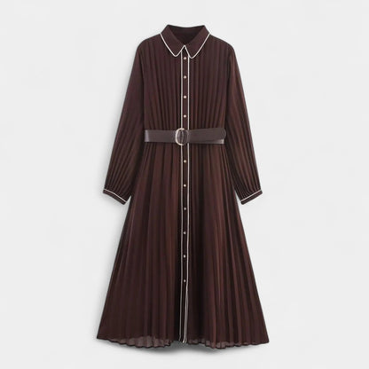 Gleame.-Jurk-Gleame | Dames Midi-jurk Plooirok Overhemdkraag Lange Mouw Bruin