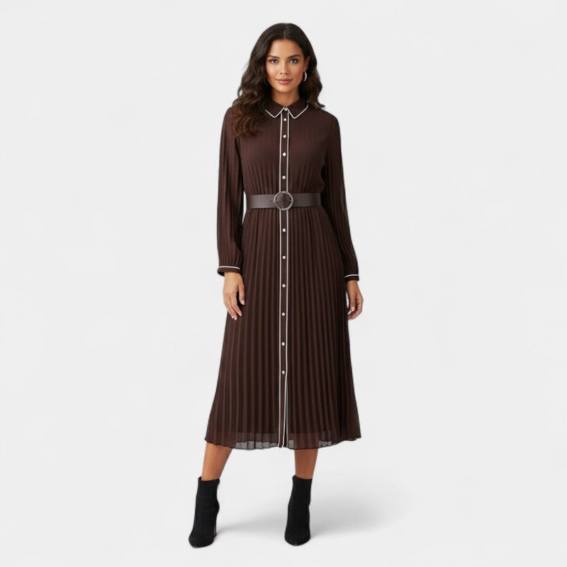 Gleame.-Jurk-Gleame | Dames Midi-jurk Plooirok Overhemdkraag Lange Mouw Bruin