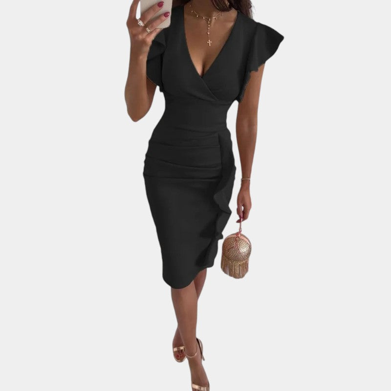 Gleame.-Jurken & Jumpsuits-Gleame Bodycon jurk - V-hals wikkelstijl met ruffles