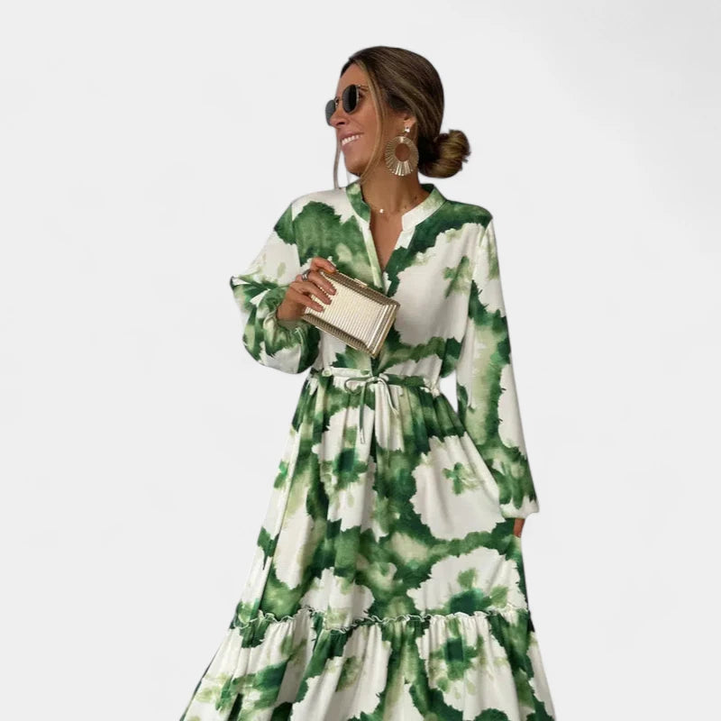 Gleame.-Jurken &amp; Jumpsuits-Gleame Damesjurk - Lange mouwen V-hals maxi jurk met bloemenprint