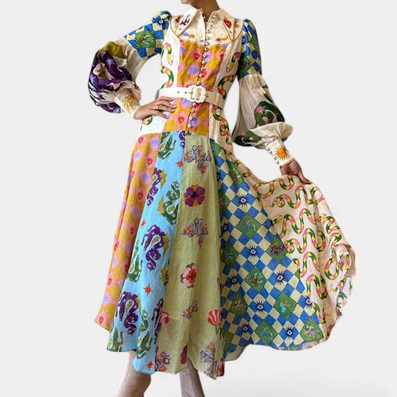 Gleame.-Jurken &amp; Jumpsuits-Gleame Damesjurk - Lange mouwen V-hals maxi jurk met bloemenprint