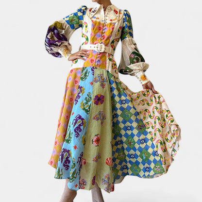 Gleame.-Jurken &amp; Jumpsuits-Gleame Damesjurk - Lange mouwen V-hals maxi jurk met bloemenprint