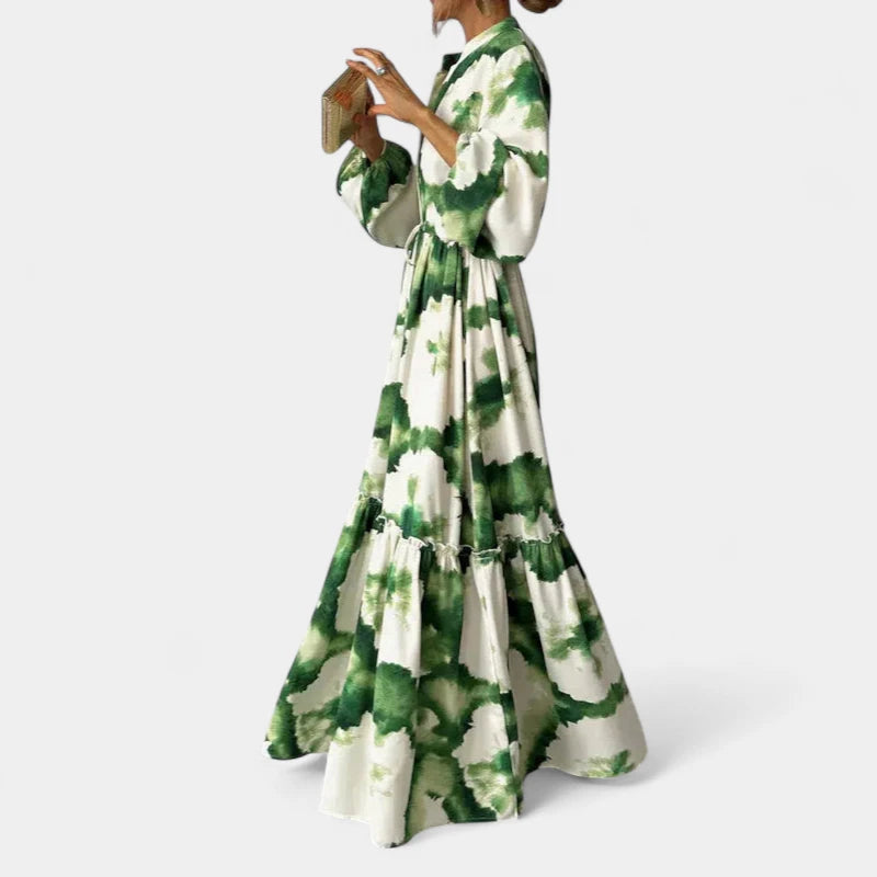 Gleame.-Jurken &amp; Jumpsuits-Gleame Damesjurk - Lange mouwen V-hals maxi jurk met bloemenprint
