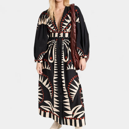 Gleame.-Jurken &amp; Jumpsuits-Gleame Damesjurk - Lange mouwen V-hals maxi jurk met bloemenprint