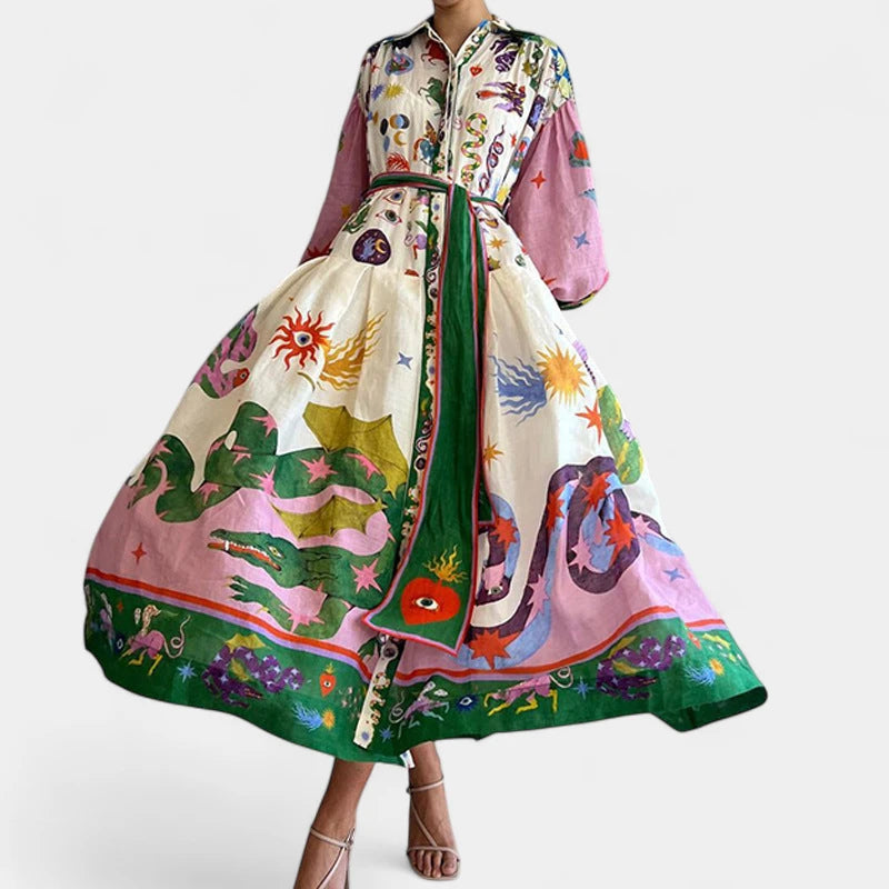 Gleame.-Jurken &amp; Jumpsuits-Gleame Damesjurk - Lange mouwen V-hals maxi jurk met bloemenprint