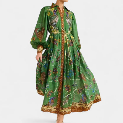 Gleame.-Jurken &amp; Jumpsuits-Gleame Damesjurk - Lange mouwen V-hals maxi jurk met bloemenprint