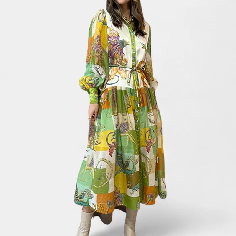 Gleame.-Jurken &amp; Jumpsuits-Gleame Damesjurk - Lange mouwen V-hals maxi jurk met bloemenprint