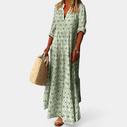 Gleame.-Jurken &amp; Jumpsuits-Gleame Damesjurk - Loose fit V-hals maxi jurk met boho print