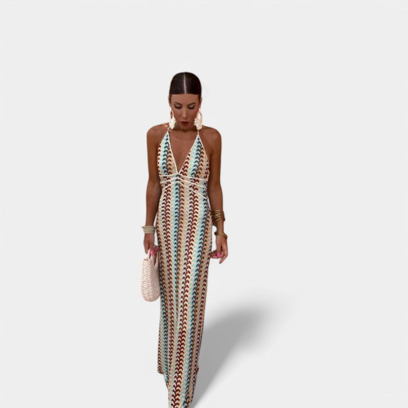 Gleame.-Jurken &amp; Jumpsuits-Gleame Dress - Kleurige patchwork halter maxi jurk met diepe V-hals en rugloos voor dames, ideaal voor zomer en strand