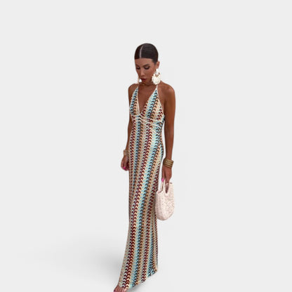 Gleame.-Jurken &amp; Jumpsuits-Gleame Dress - Kleurige patchwork halter maxi jurk met diepe V-hals en rugloos voor dames, ideaal voor zomer en strand