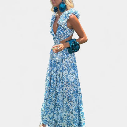 Gleame.-Jurken &amp; Jumpsuits-Gleame Jurk - Bloemen maxi-jurk met diepe V-hals en open rug