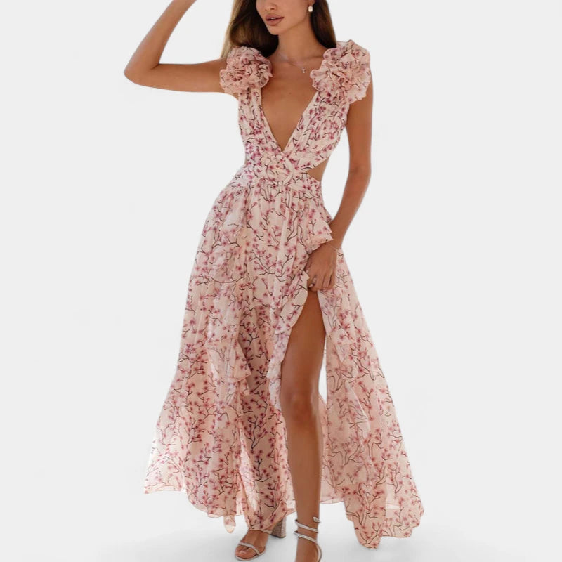 Gleame.-Jurken &amp; Jumpsuits-Gleame Jurk - Bloemen maxi-jurk met diepe V-hals en open rug