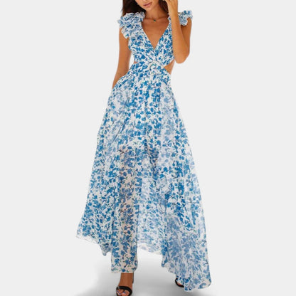 Gleame.-Jurken &amp; Jumpsuits-Gleame Jurk - Bloemen maxi-jurk met diepe V-hals en open rug
