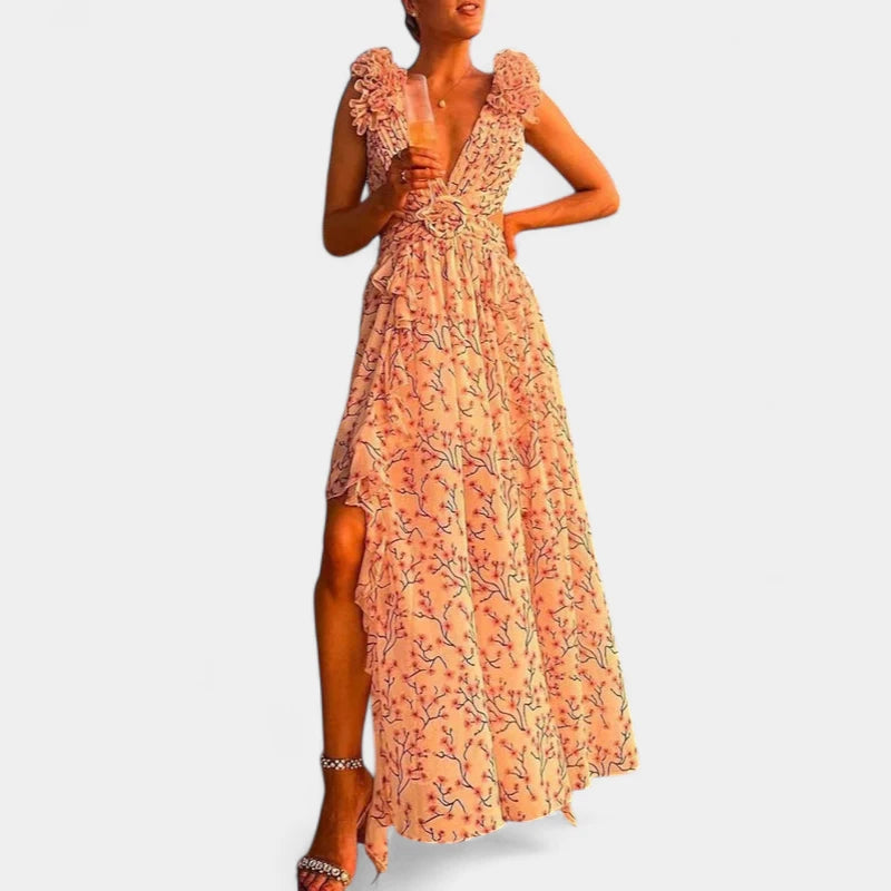 Gleame.-Jurken &amp; Jumpsuits-Gleame Jurk - Bloemen maxi-jurk met diepe V-hals en open rug