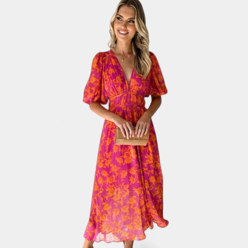 Gleame.-Jurken &amp; Jumpsuits-Gleame Jurk – Bloemige maxi damesjurk met V-hals en korte pofmouwen