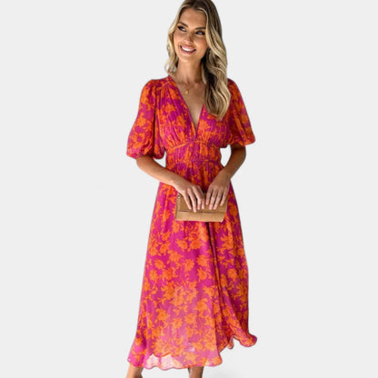 Gleame.-Jurken &amp; Jumpsuits-Gleame Jurk – Bloemige maxi damesjurk met V-hals en korte pofmouwen