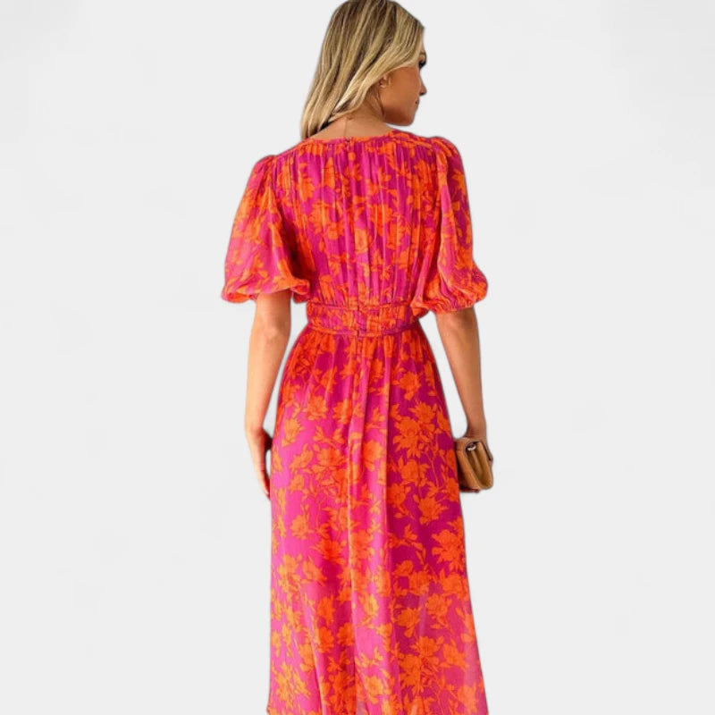 Gleame.-Jurken &amp; Jumpsuits-Gleame Jurk – Bloemige maxi damesjurk met V-hals en korte pofmouwen
