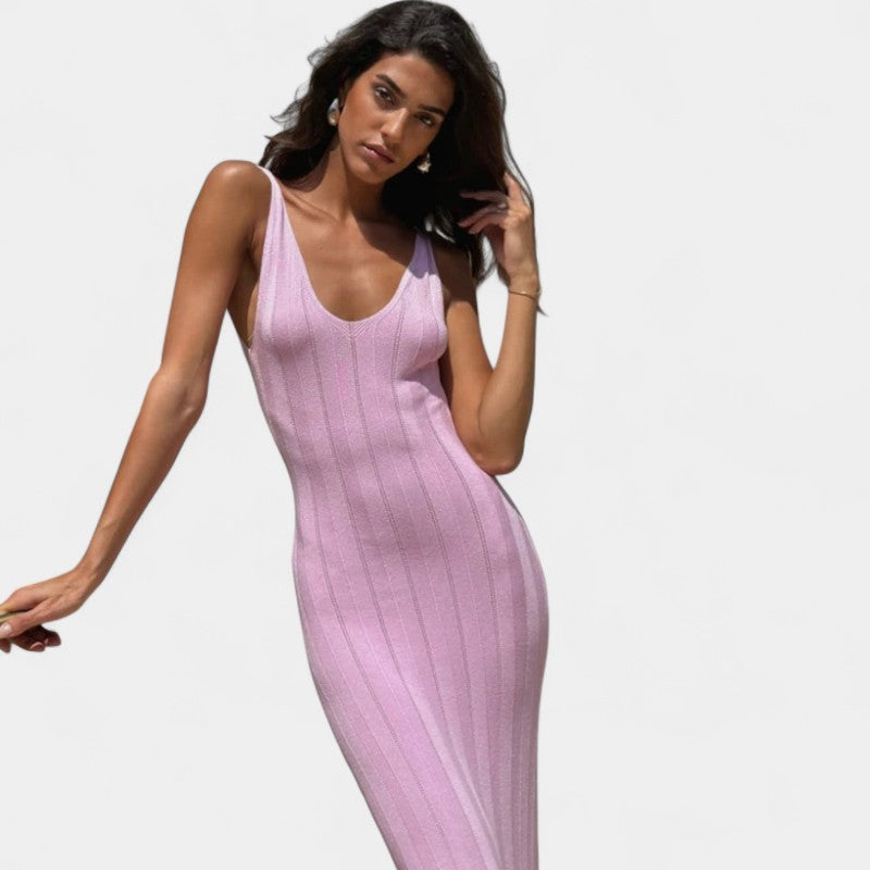  Gleame.-Jurken &amp; Jumpsuits-Gleame Jurk - Dames mouwloze slanke gebreide lange jurk