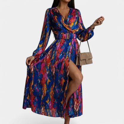 Gleame.-Jurken &amp; Jumpsuits-Gleame Jurk - Diepe V-hals lange mouw met hoge split en riem