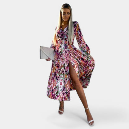 Gleame.-Jurken &amp; Jumpsuits-Gleame Jurk - Diepe V-hals lange mouw met hoge split en riem