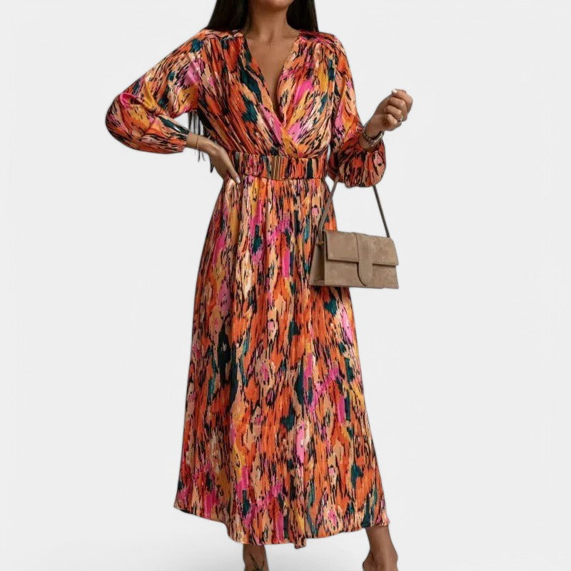 Gleame.-Jurken &amp; Jumpsuits-Gleame Jurk - Diepe V-hals lange mouw met hoge split en riem