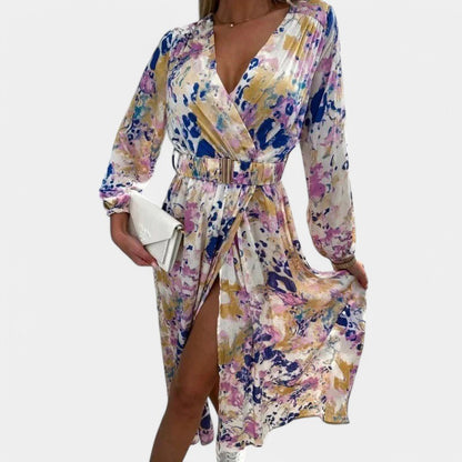 Gleame.-Jurken &amp; Jumpsuits-Gleame Jurk - Diepe V-hals lange mouw met hoge split en riem