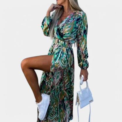 Gleame.-Jurken &amp; Jumpsuits-Gleame Jurk - Diepe V-hals lange mouw met hoge split en riem