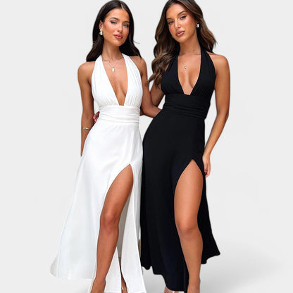 Gleame.-Jurken &amp; Jumpsuits-Gleame Jurk - Elegante jurk met diepe V-hals en kant