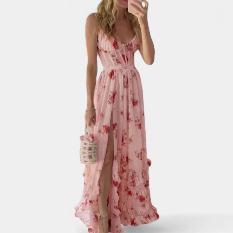 Gleame.-Jurken &amp; Jumpsuits-Gleame Jurk - Elegante maxi-jurk met bloemenprint en hoge split