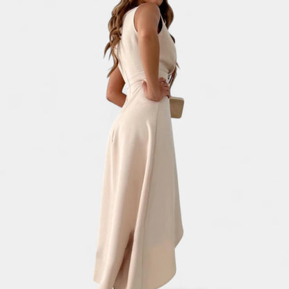 Gleame.-Jurken &amp; Jumpsuits-Gleame Jurk – Elegante maxi damesjurk met V-hals en asymmetrische wikkelrok