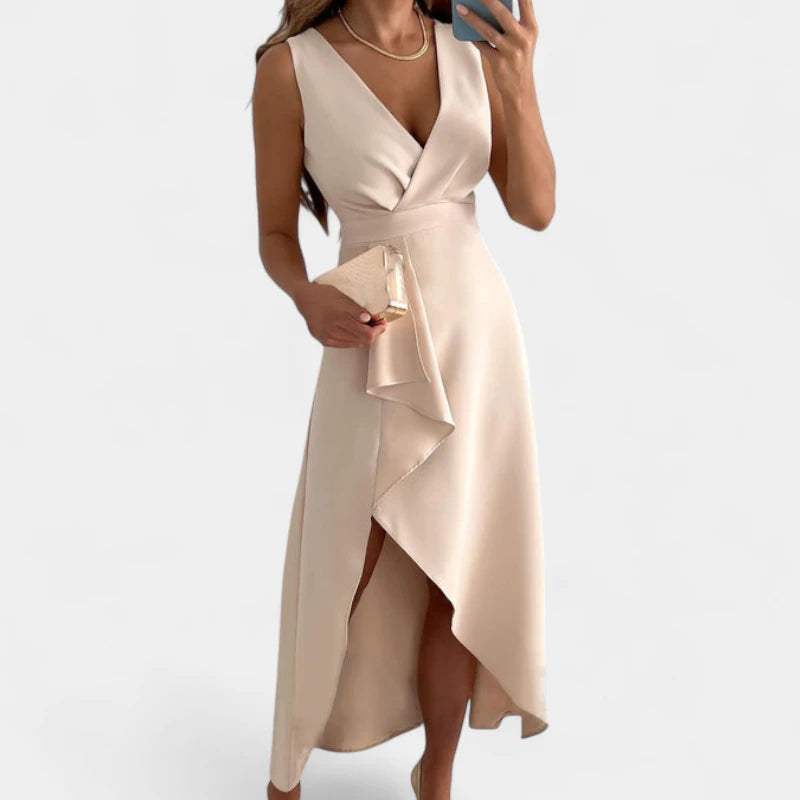 Gleame.-Jurken &amp; Jumpsuits-Gleame Jurk – Elegante maxi damesjurk met V-hals en asymmetrische wikkelrok