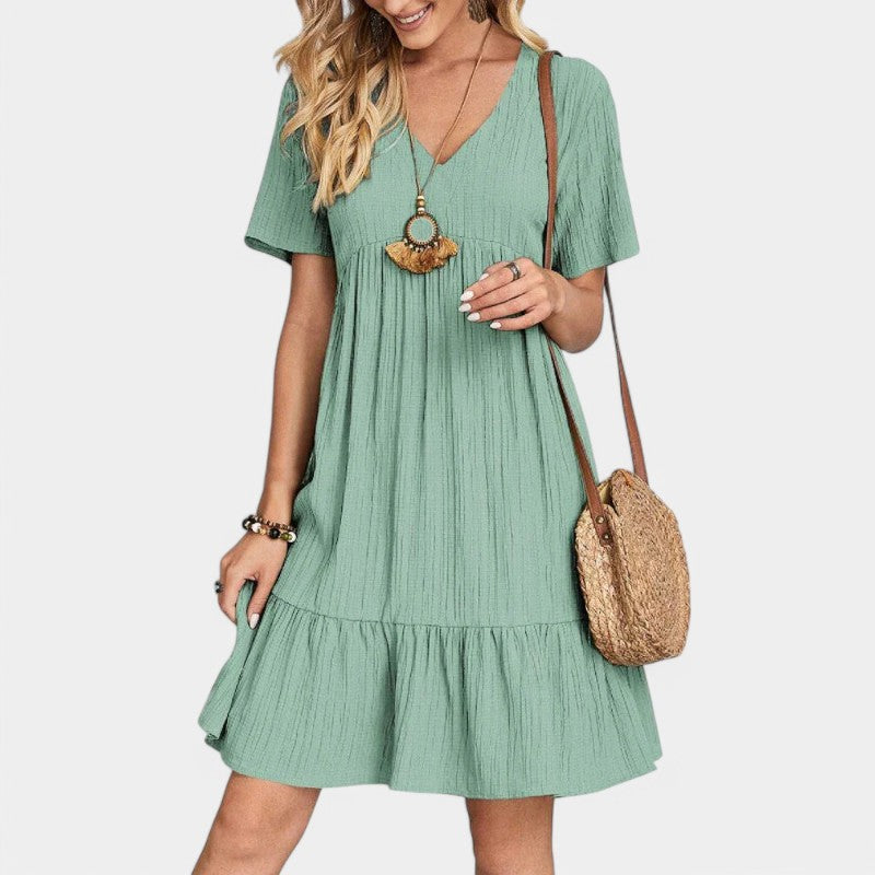 Gleame.-Jurken & Jumpsuits-Gleame Jurk - Fashion v-hals vintage jurk met ruches voor elke gelegenheid