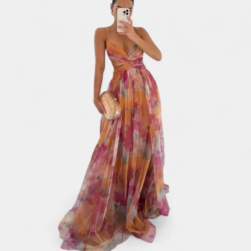 Gleame.-Jurken &amp; Jumpsuits-Gleame Jurk – Maxi damesjurk met kleurrijke print en spaghetti bandjes voor een elegante look