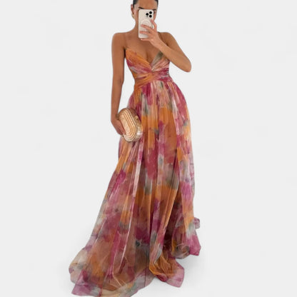 Gleame.-Jurken &amp; Jumpsuits-Gleame Jurk – Maxi damesjurk met kleurrijke print en spaghetti bandjes voor een elegante look