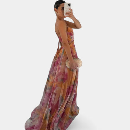 Gleame.-Jurken &amp; Jumpsuits-Gleame Jurk – Maxi damesjurk met kleurrijke print en spaghetti bandjes voor een elegante look