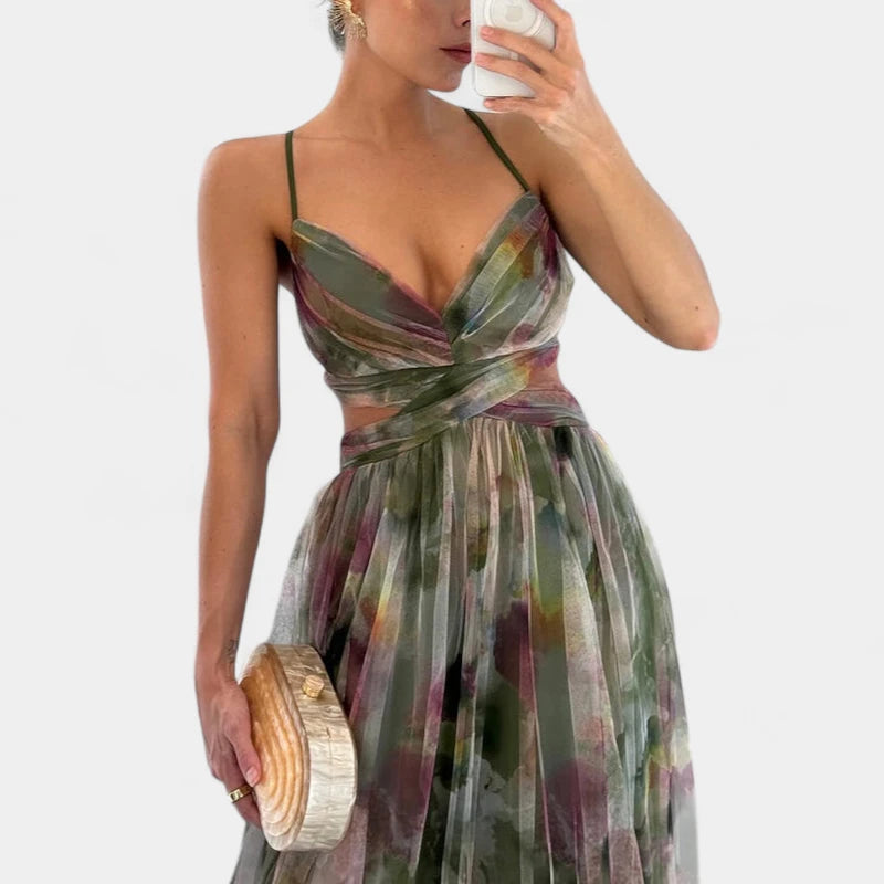 Gleame.-Jurken &amp; Jumpsuits-Gleame Jurk – Maxi damesjurk met kleurrijke print en spaghetti bandjes voor een elegante look
