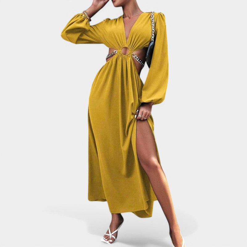 Gleame.-Jurken &amp; Jumpsuits-Gleame Jurk - V-hals jurk met lange mouwen en casual stijl