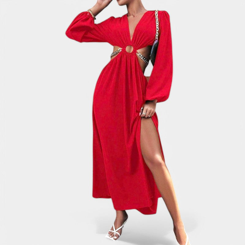 Gleame.-Jurken &amp; Jumpsuits-Gleame Jurk - V-hals jurk met lange mouwen en casual stijl