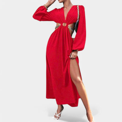 Gleame.-Jurken &amp; Jumpsuits-Gleame Jurk - V-hals jurk met lange mouwen en casual stijl
