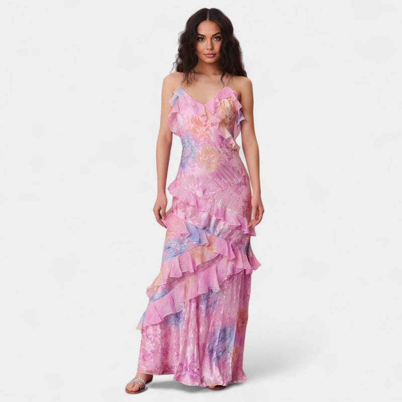 Gleame.-Jurken &amp; Jumpsuits-Gleame Jurk - V-hals ruffled backless jurk met bloemenprint
