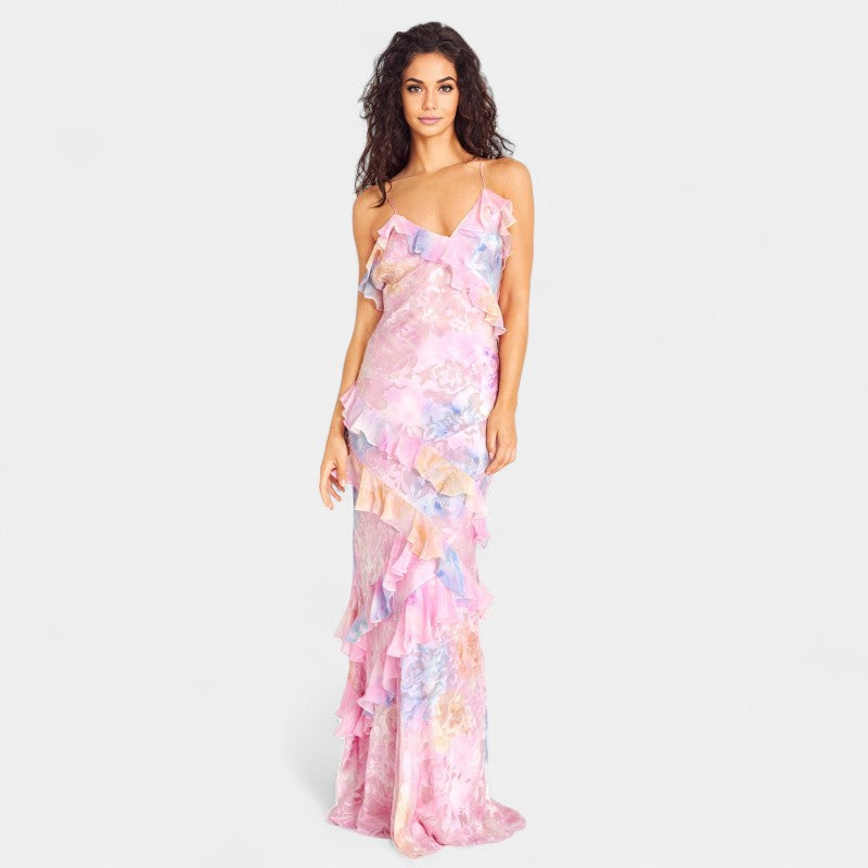 Gleame.-Jurken & Jumpsuits-Gleame Jurk - V-hals ruffled backless jurk met bloemenprint