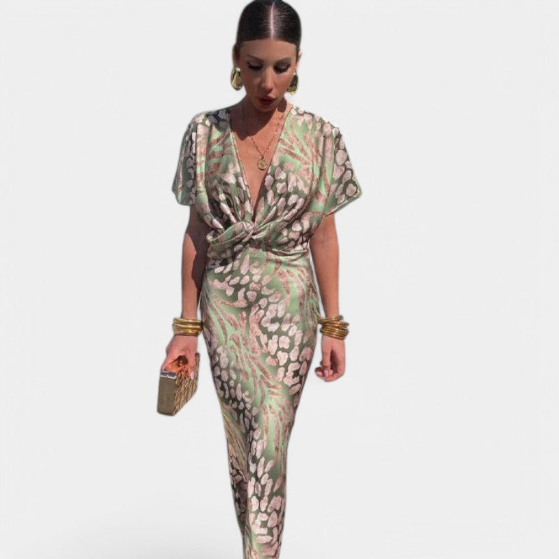 Gleame.-Jurken &amp; Jumpsuits-Gleame Lange jurk - Elegante V-hals jurk met print voor dames