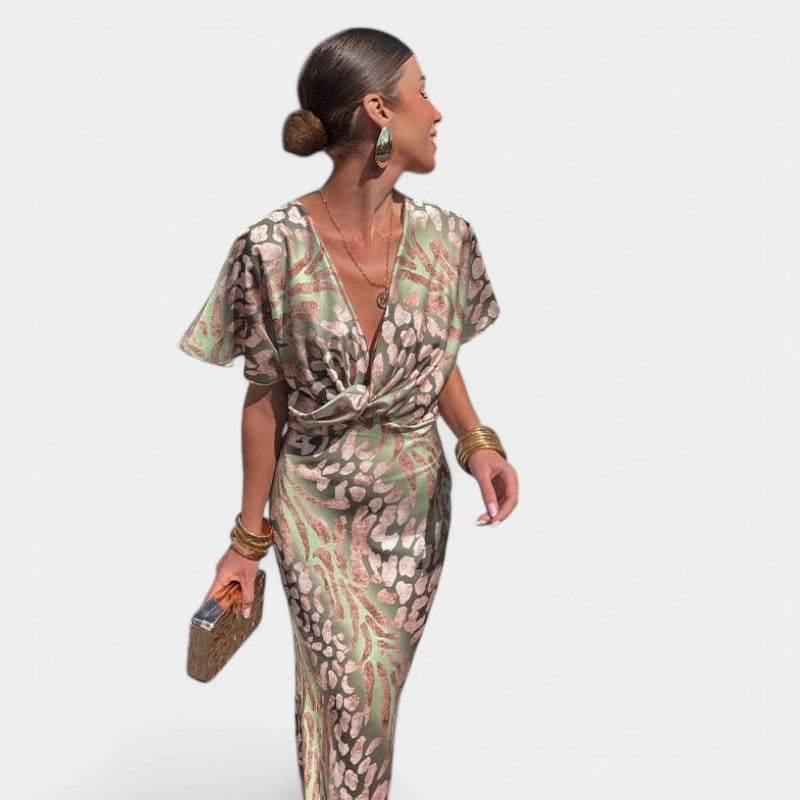 Gleame.-Jurken &amp; Jumpsuits-Gleame Lange jurk - Elegante V-hals jurk met print voor dames