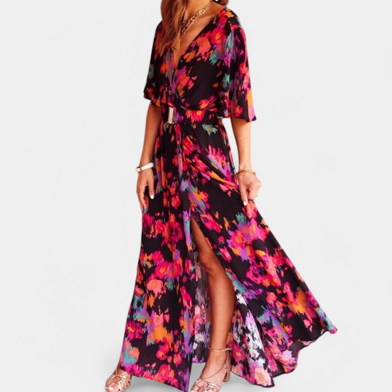 Gleame.-Jurken &amp; Jumpsuits-Gleame Maxi jurk - Bohemian V-neck met split in de riem